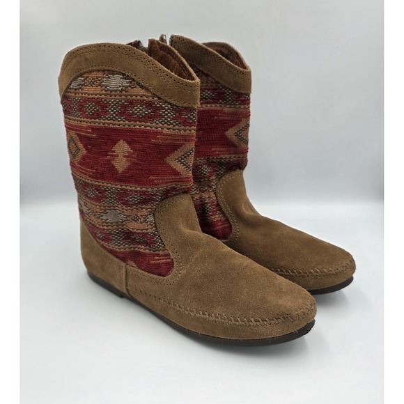 Minnetonka Moccasin Women's Boot 8 Baja 1573 Brown Suede Leather Multi Tapestry - Picture 1 of 8